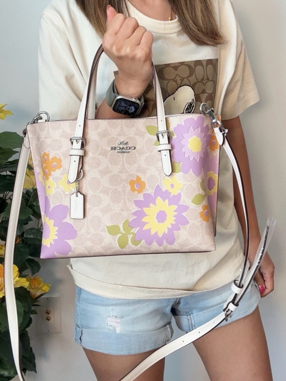 Coach Beige and Purple Floral Satchel